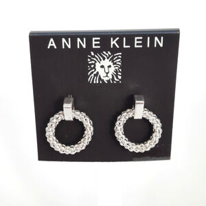 NWT ANNE KLEIN Silver Tone Textured Circle Door Knocker Hoop Post Earrings NEW